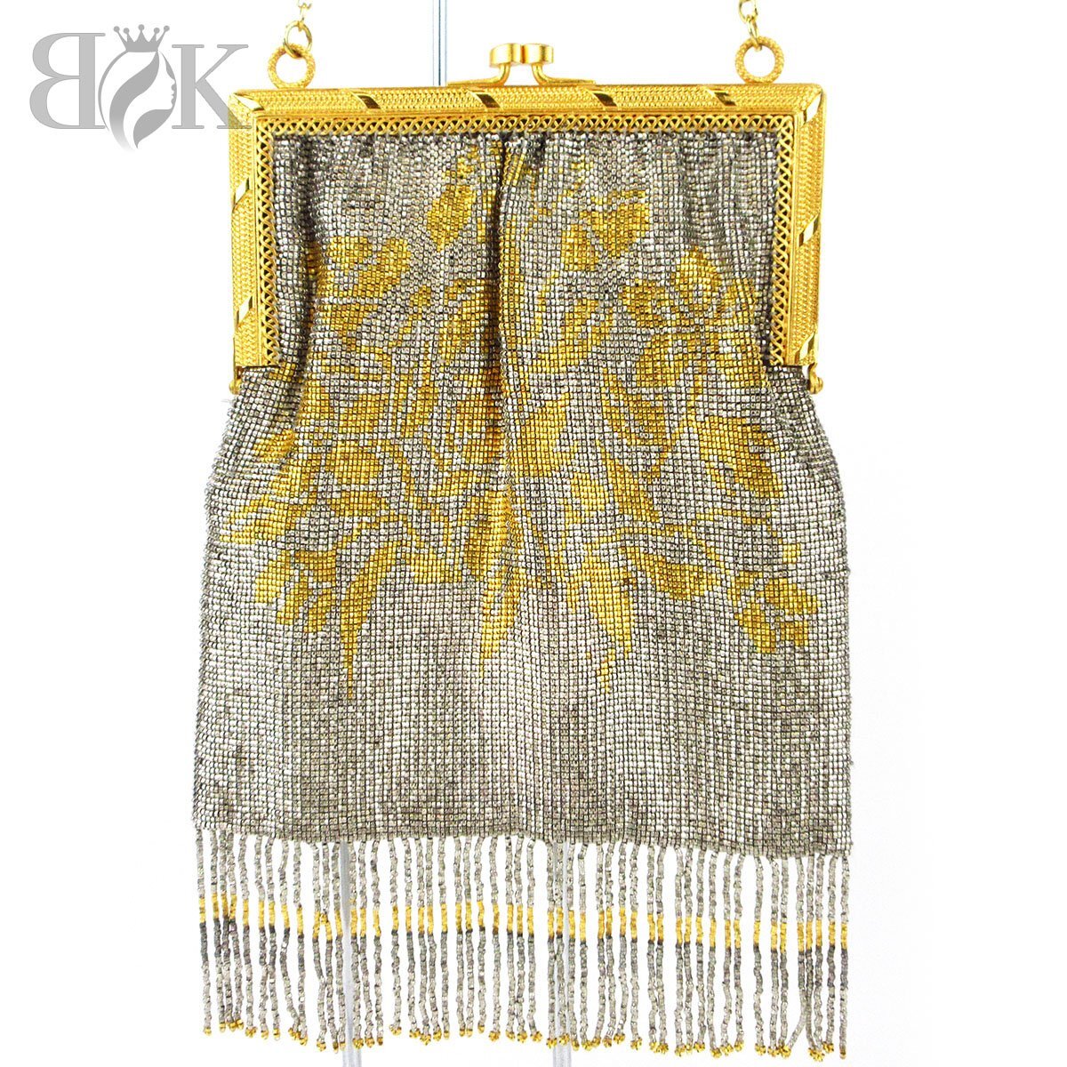 美品 アールデコ チェーンショルダーバッグ パーティバッグ メタルビーズ がま口 シルバーカラー×ゴールドカラー ART DECO ◇