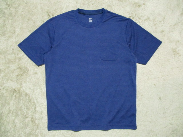 メンズ　ノーブランド　DRY　メッシュ素材　胸ポケット付　シンプル　ボーダー生地　半袖Tシャツ　紺系　L