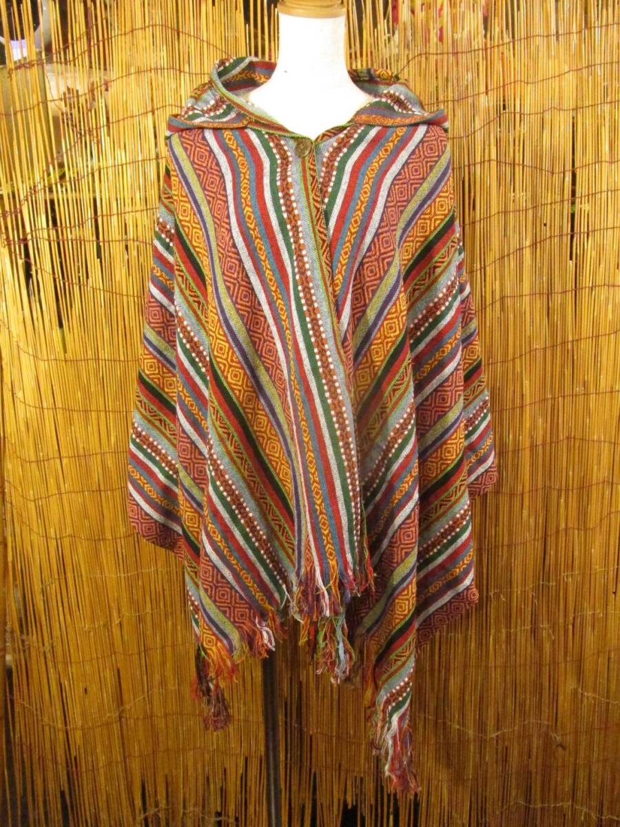 【送料込み／ＳＡＬＥ】③新品＊男女兼用＊織り柄＊コットン素材＊ゲリ生地＊フード付き＊ポンチョ風＊羽織物 エスニック MAJAM