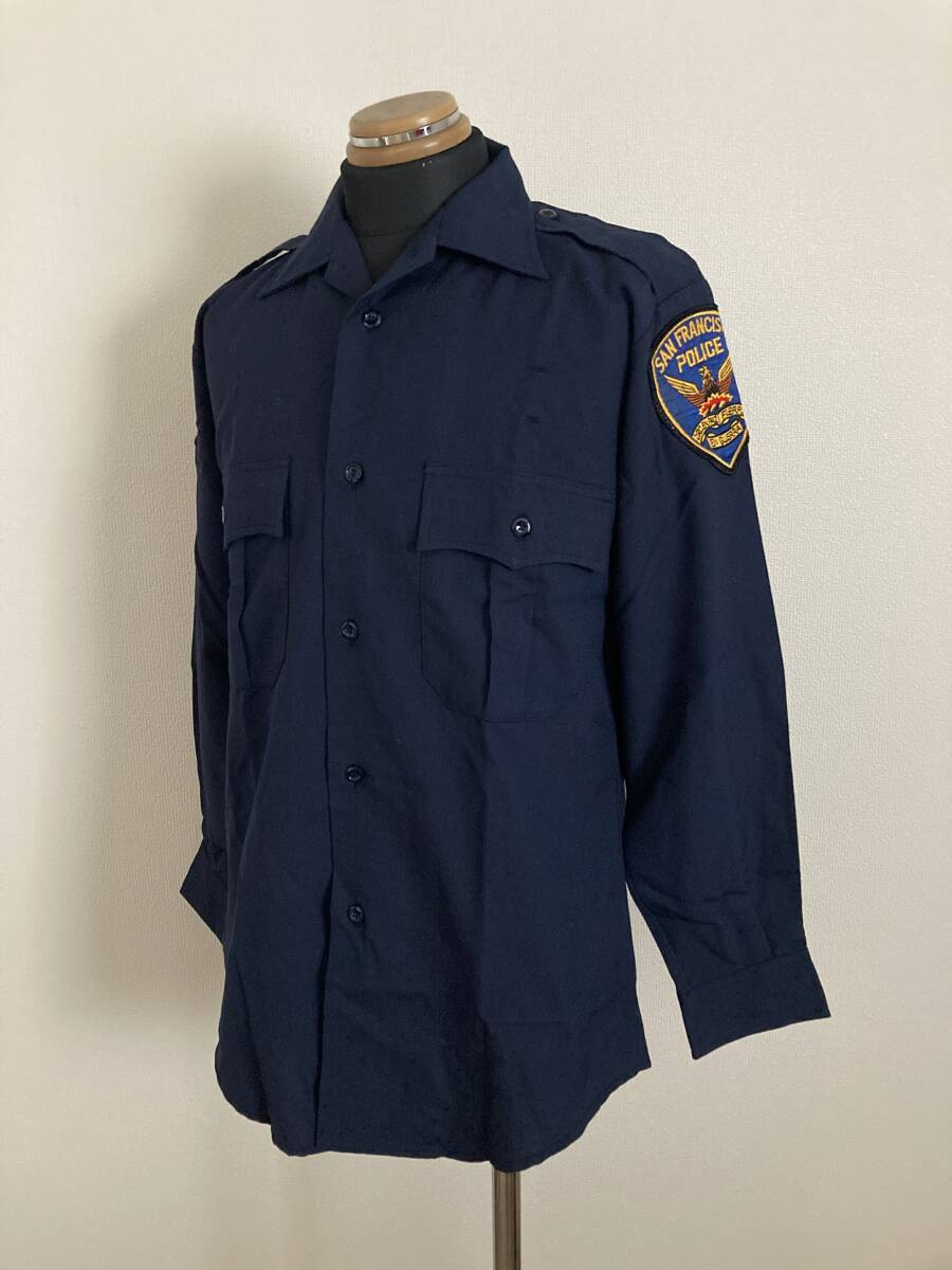 【HOUSTON】ポリスマンシャツ L相当 サンフランシスコ警察 両肩ワッペン 90s 制服風 長袖ボタンシャツ ネイビー ミリタリー