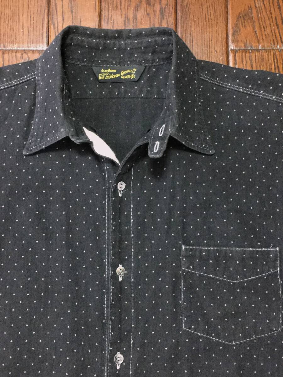 スティーブンソン オーバーオール STEVENSON OVERALL ドット柄 水玉 長袖 ワークシャツ 黒 ブラック 38 チンスト マチ付き ビンテージ調