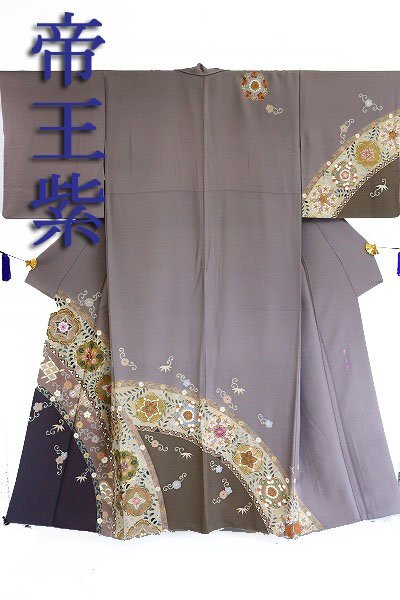 【送料無料】逸品 美品 訪問着 帝王紫 江戸鼠色 花文 刺繍 更紗紋様　身丈157cm 裄丈69.5cm　kimono お洒落 上品 袷 正絹 m-6524