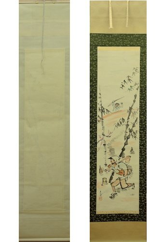 服部亮英 掛け軸 日本画 ケノコ泥棒 紙に彩色 掛軸 中古 Japanese hanging scroll 合箱 漫画家 洋画家 物故
