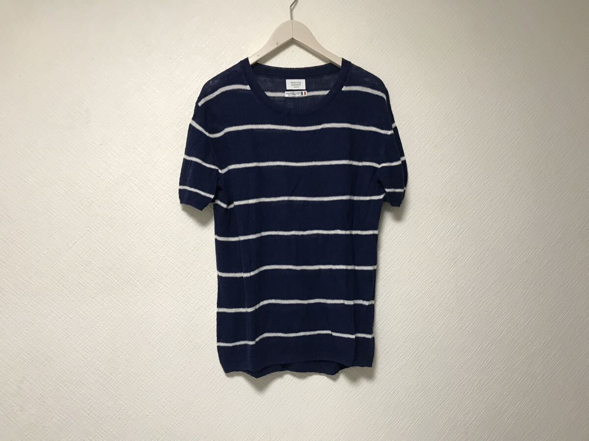 本物メンズビギMENSBIGIリネン麻ニットボーダー柄半袖Tシャツメンズサーフアメカジミリタリービジネススーツモードゴルフ紺ネイビーM