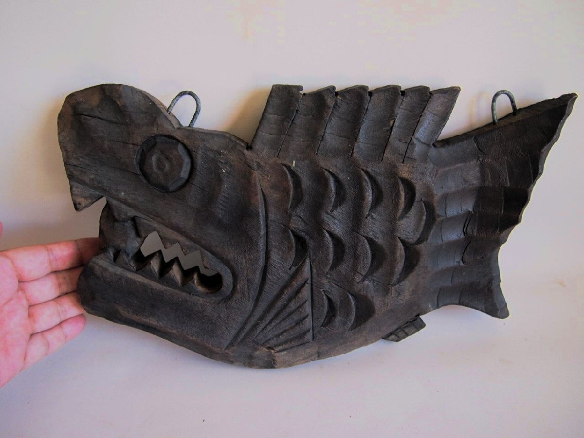 昭和レトロ 木魚鼓35ｃｍ 作家物 岱山 魚型木魚 魚板 仏像 仏具 茶道具 吉祥 招福 縁起物 開運 壁掛け 古民藝 古道具 検 円空 木喰