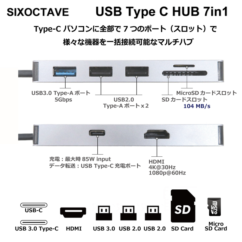 USB Type C ハブ 7in1 USB C ハブ ウルトラスリム USB C ドッキングステーション 4K HDMI出力 PD 充電 USB3.0 ハブ MacBook MacBook Pro