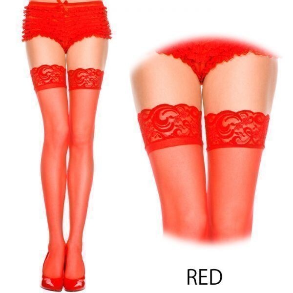 MUSIC LEGSレーストップ シアータイハイストッキング/レッド♯4110品質良好