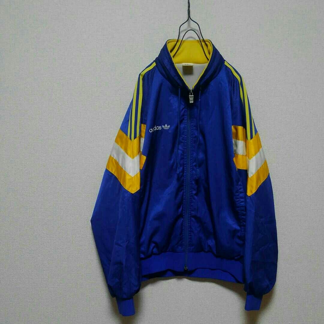 L アディダス adidas ナイロンパーカー ウインドジャケット 青黄白 3本ライン 90sビンテージ K20E193