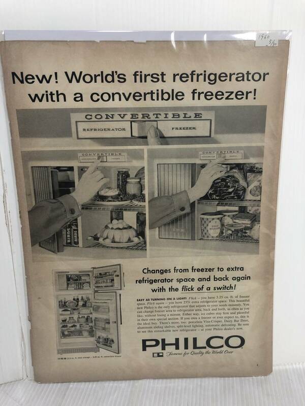 1960年5月30日号LIFE誌広告切り抜き【PHILCO/冷蔵庫】アメリカ買い付け品60sビンテージインテリア家電