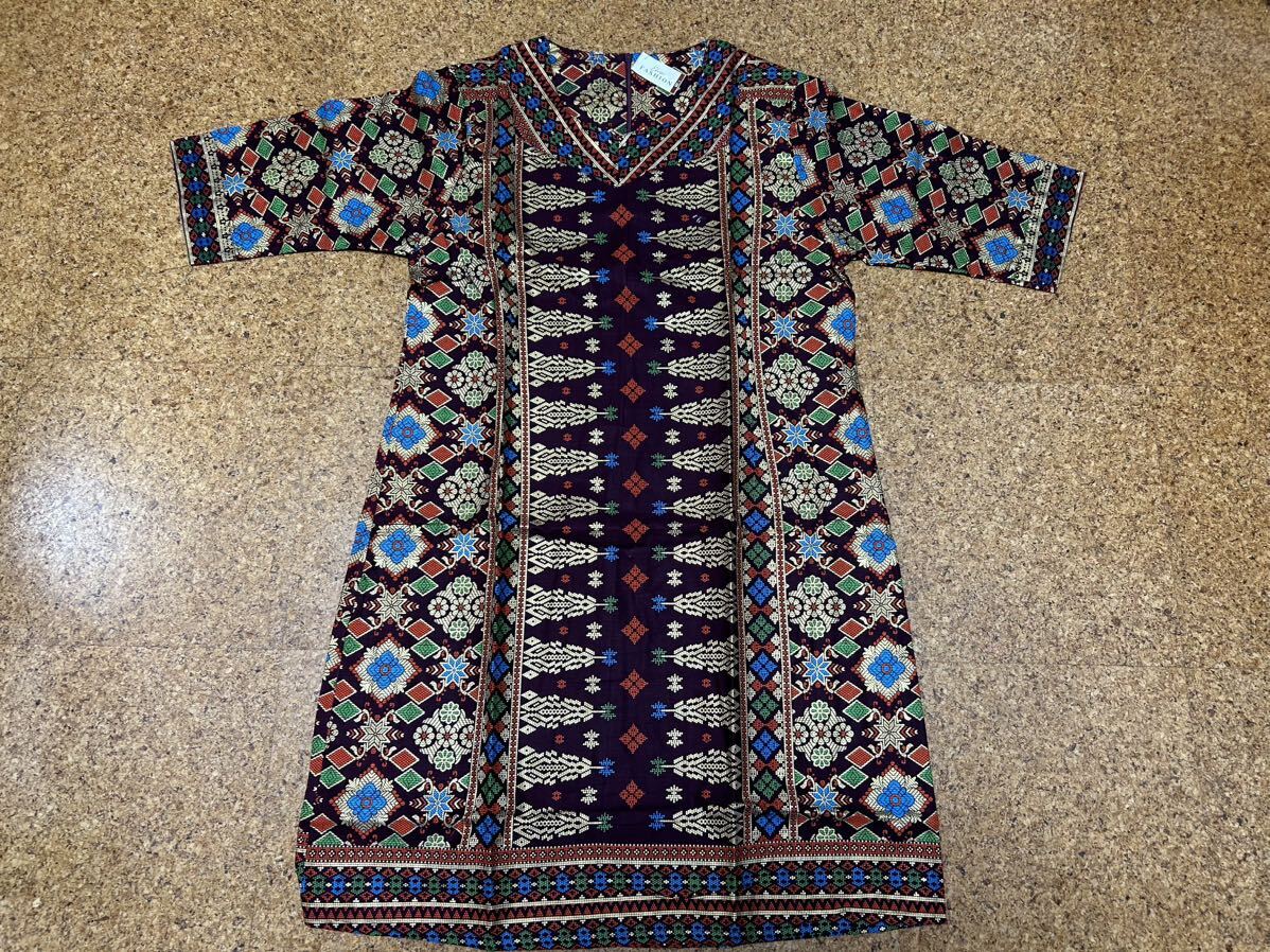 送料込み！（新品）インドネシア　スマトラ柄　バティックワンピース　ドレス　民族衣装　サイズL
