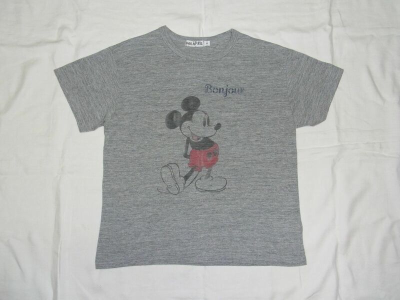 ★美品★ MILKFED. ミルクフェド ミッキーマウス ボンジュール Tシャツ sizeS グレー ★古着 Disney コラボ レディース トップス X-girl