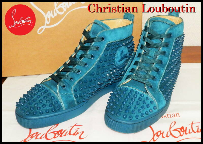 正規品 Christian Louboutin ルイススパイク スタッズ 41 1/2 クリスチャンルブタン グリーン系 メンズ ハイカット スニーカー スエード