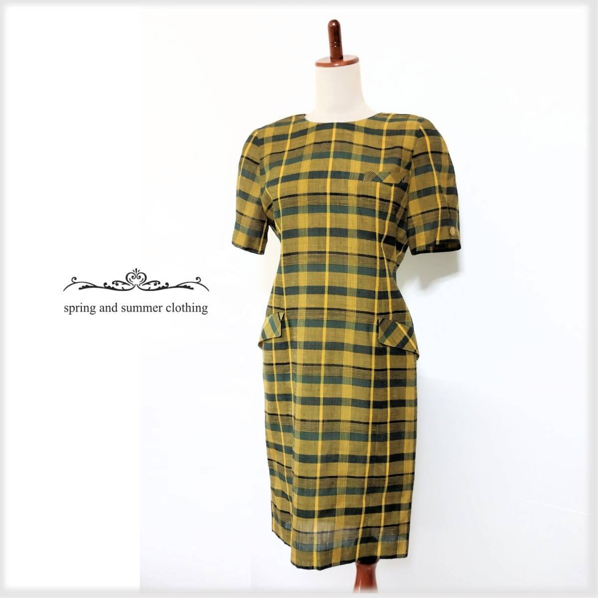 美品♪Lisa Blount（ソレイユ）ヴィンテージ★バックボタン リネン混？ チェック ワンピース♪ モダン レトロ古着 バブリー 肩パット SF