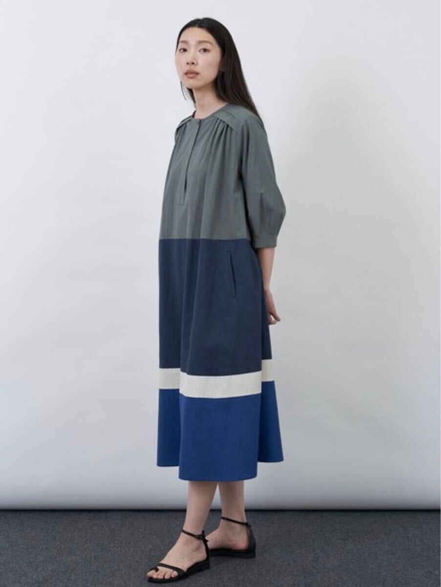 美品 LOISIR ロワズィール ADIEU TRISTESSE アデュートリステス ★ コットン 配色 フレア ワンピース ブルー グレー 7分袖 タック 完売品