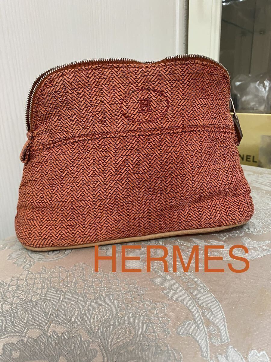 エルメス HERMES ポーチ 小物入れ 化粧ポーチ　キャンバス オレンジ　コスメポーチ　ハイブランド　小物　