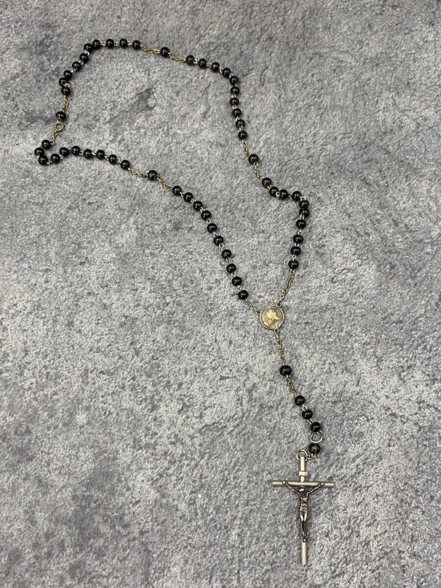 【 ヴィンテージ 聖母マリア キリスト十字架クロス ロザリオ ビーズネックレス ① 】イタリア製 used ファッション 合金