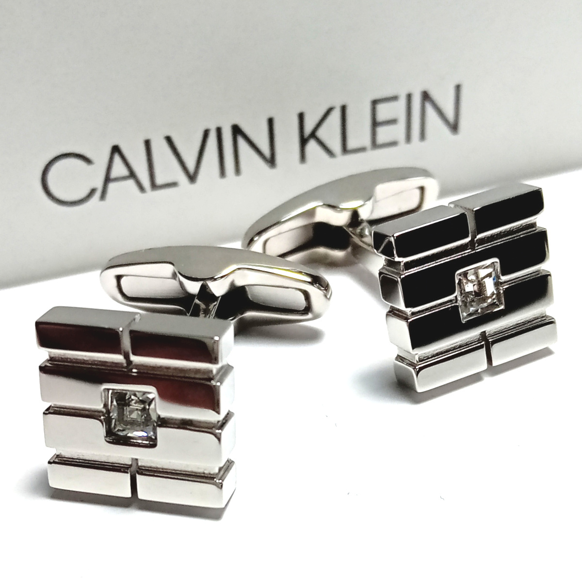 【ckc2】CALVIN KLEIN　CKカルバンクライン　カフス　カフリンクス　シルバー×クリアストーン　スクエア　新品