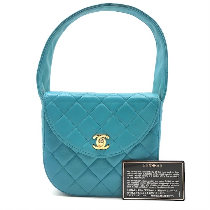 良品 CHANEL シャネル ココマーク ターンロック マトラッセ ラムスキン ミニ ハンド バニティ バッグ ブルー k3052