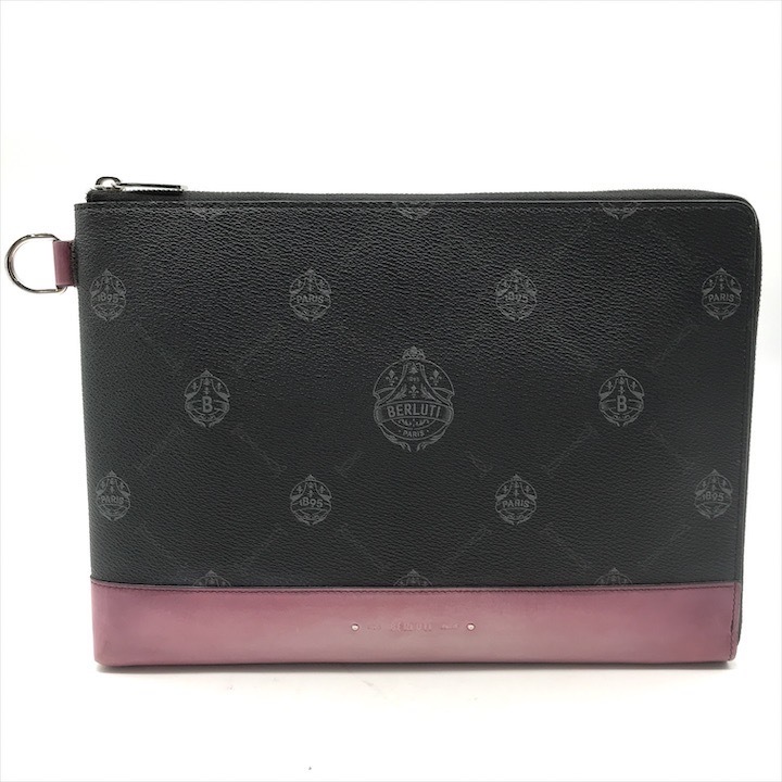 美品 BERLUTI ベルルッティ カリグラフィ PVC カーフレザー クラッチ セカンド バッグ ブラック ピンク a5494