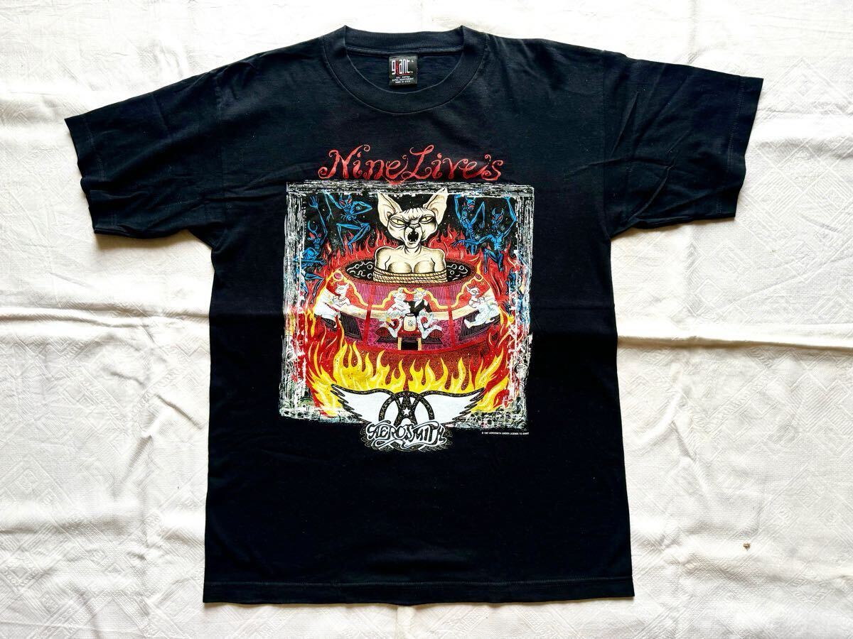 未使用保管品 エアロスミス Tシャツ giant AEROSMITH Nine Lives tour 東京ドーム 98' サイズL 当時物 ヴィンテージ バンド Tシャツ 黒