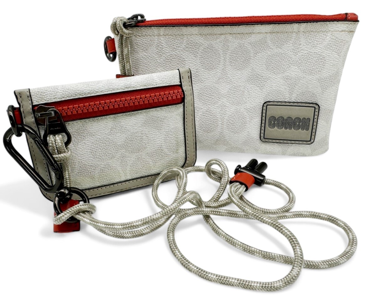 完売品 COACH コーチ ダブル ポーチ ランヤード Double Pouch Lanyard シグネチャー キャンバス ダブルポーチストラップ