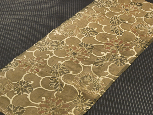 ★【和更紗】柏唐草に鶴丸と花文 綿 古布 はぎれ ハギレ アンティーク 85×35　TANJ06036風楽