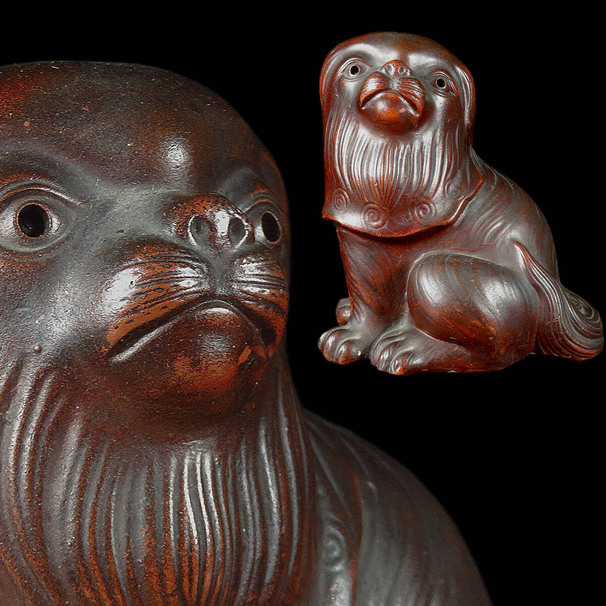 【SAKURAYA】【古備前焼 古い狆の置物】犬 細密彫刻 備前焼 陶磁器 骨董品 古美術品 高さ15cm