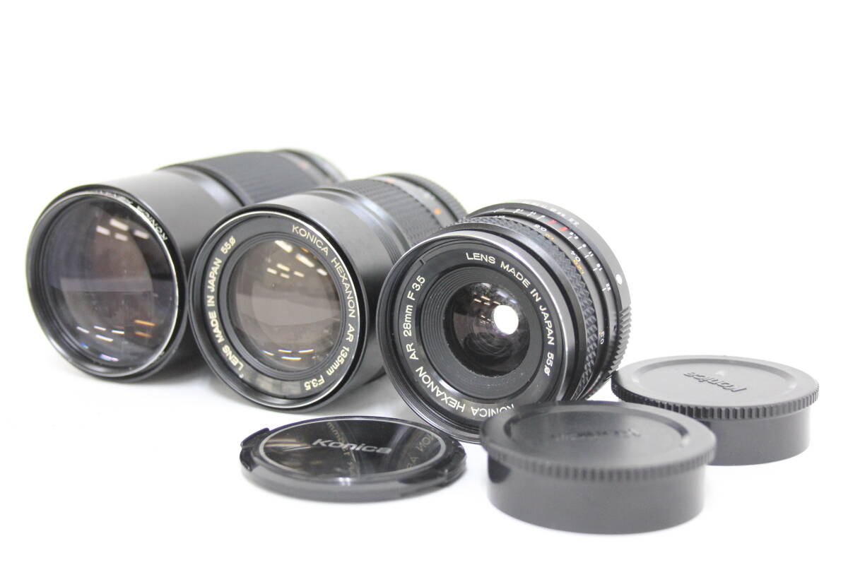 【訳あり品】 【レンズ3点まとめ売り】コニカ KONICA HEXANON AR 200mm F4 HEXANON AR 135mm F3.5 HEXANON AR 28mm F3.5 レンズ v7753