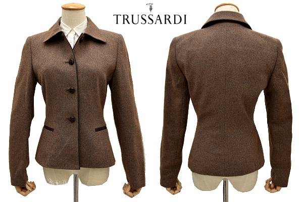 L-1524★超美品★TRUSSARDI トラサルディ★秋冬 ブラウン茶色 シルク混合 肩パット入り くるみボタン 美シルエット シングルジャケット 40