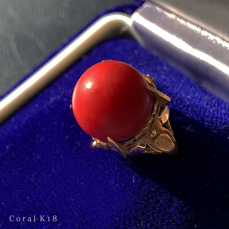 大粒 血赤珊瑚 12mm K18 YG リング 6.1g 14号 レディース アクセサリー イエロー ゴールド 750 金 指輪 ジュエリー サンゴ コーラル 貴金属