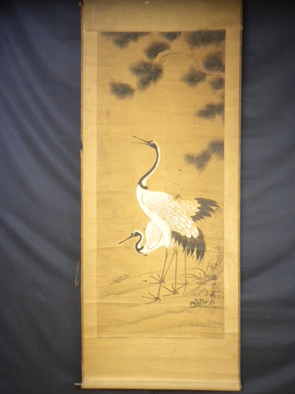 【模写】掛軸・椿椿山（1801～1854）・松に鶴図・江戸後期の文人画家・古画・江戸