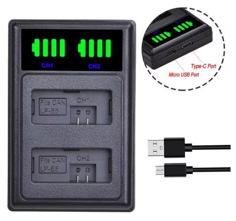 【送料無料】 バッテリー2個同時充電可 キヤノン LP-E5 LPE5 LC-E5 CBC-E5対応 EOS Kiss F EOS Kiss X2 USB充電器 USB付 LCD 互換品