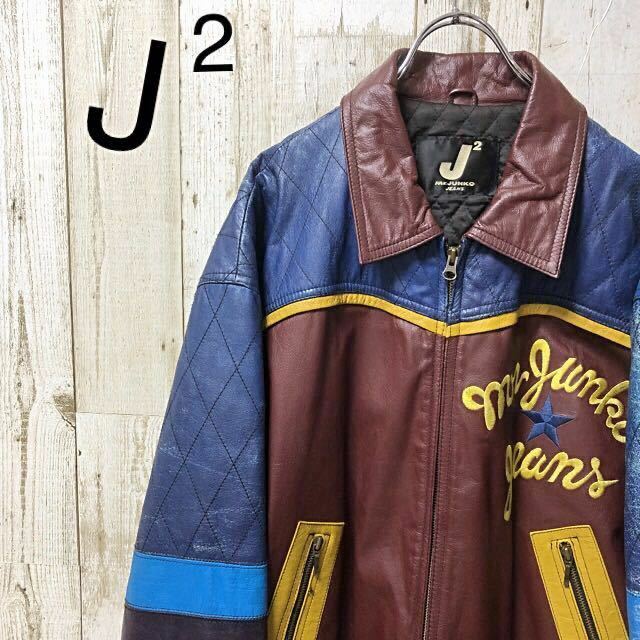 【　レア　】Mr.JUNKO ミスタージュンコ　レザージャケット クレイジーパターン　クレイジーカラー　刺繍　ワンスター　革ジャン　Mサイズ