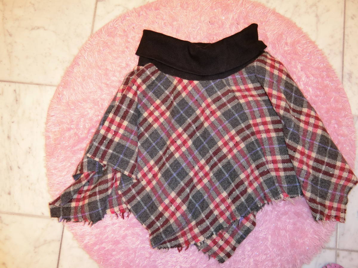 チェックスカート　ウエストフリー　グレーチェック　イレギュラー丈