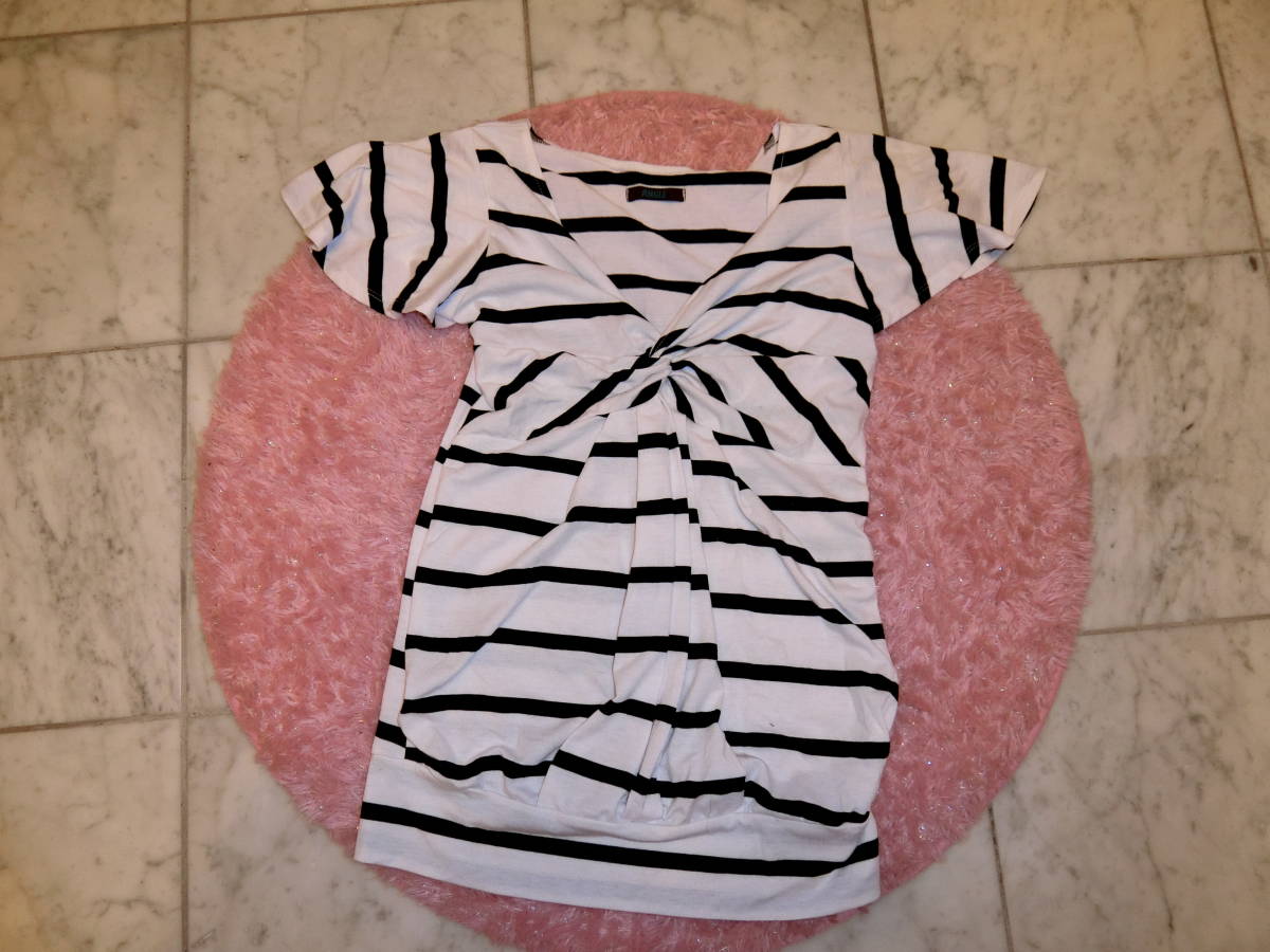 ボーダー　半袖チュニック　袖フレア　Mサイズ　レディース　白系