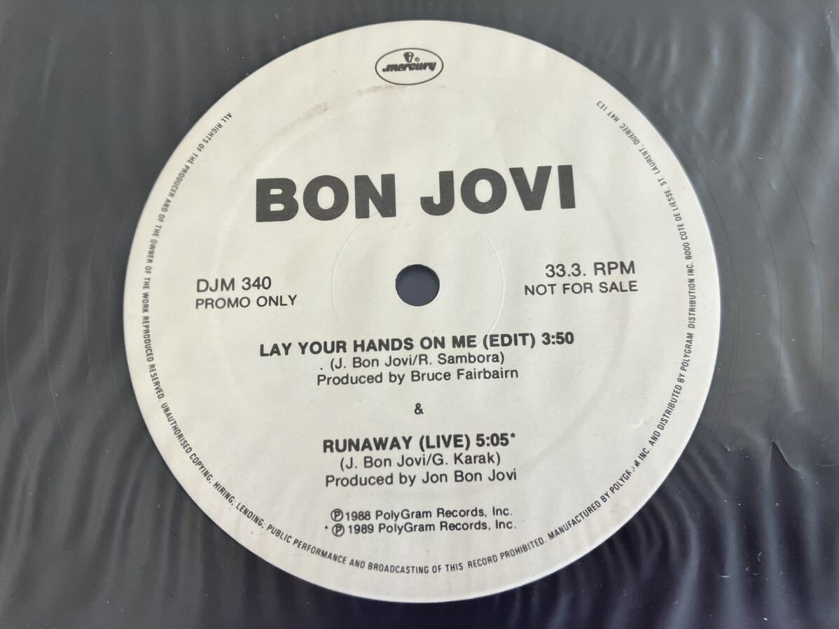 【白ラベルプロモ】Bon Jovi / Lay Your Hands On Me(Edit)/Runaway(Live) 12inch POLYGRAM CANADA DJM340 89年PROMO ONLY