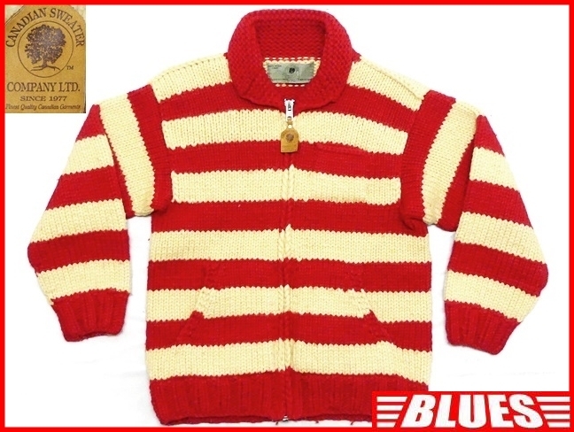 即決★カナダ製 CANADIAN SWEATER★メンズM位 カウチンセーター カナディアンセーター ボーダー柄 レッド ジャケット カーディガン ジップ