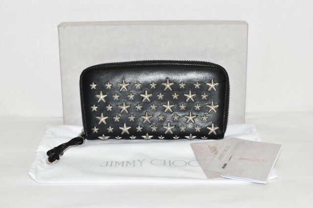 JIMMY CHOO ジミーチュウ シルバースタースタッズ付き ラウンドファスナー 長財布 黒 ブラック