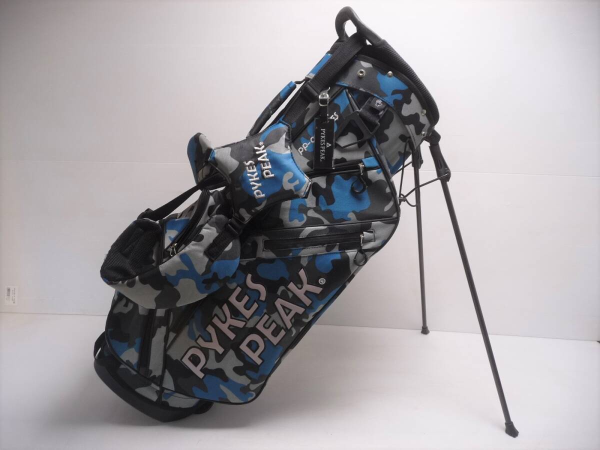 ■未使用 PYKES PEAK パイクスピーク キャディバッグ ゴルフバッグ スタンド式 ブルー系 カモフラージュ柄 軽量タイプ■