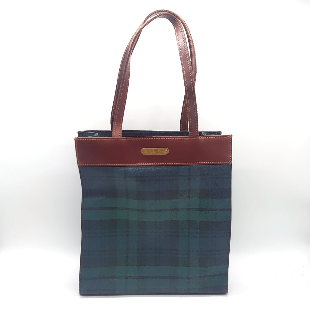 POLO RALPH LAUREN ポロラルフローレン PVCレザー 本革 トートバッグ グリーン チェック ブランド ロゴ 当時物 ヴィンテージ tp-24x1107