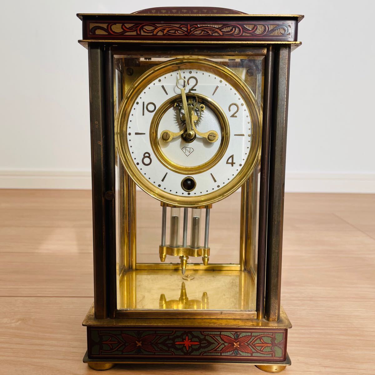 日本美術時計 置時計 Nマーク 四面ガラス ゼンマイ式 アンティーク 昭和レトロ インテリア 振り子