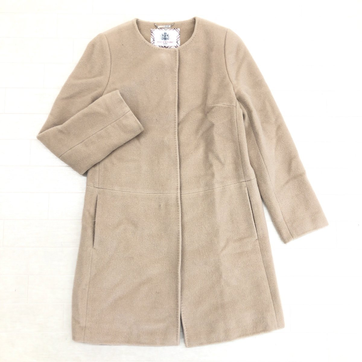 ◆OLD ENGLAND オールドイングランド ウール100% ノーカラーコート 38(M) ベージュ ウールコート 日本製 国内正規品 レディース 女性用