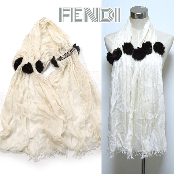 FENDI■ミンクファー付きストールマフラー　カシミヤ×シルク ショール　フェンディ　セレリア　ホワイト系