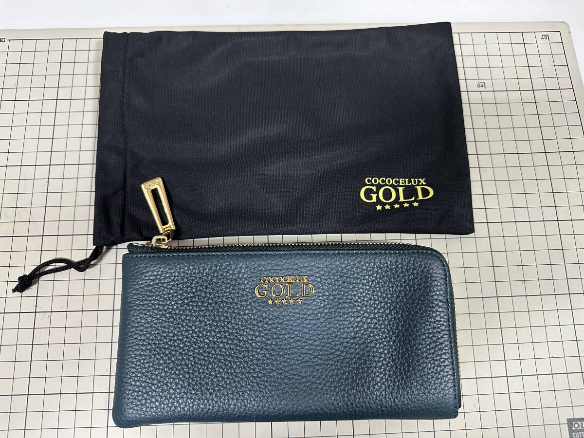 COCOCELUX GOLD ココセリュックス ゴールド 長財布 シュリンクレザー ダークグリーン系 ゴールド金具 L字ファスナー　レディース
