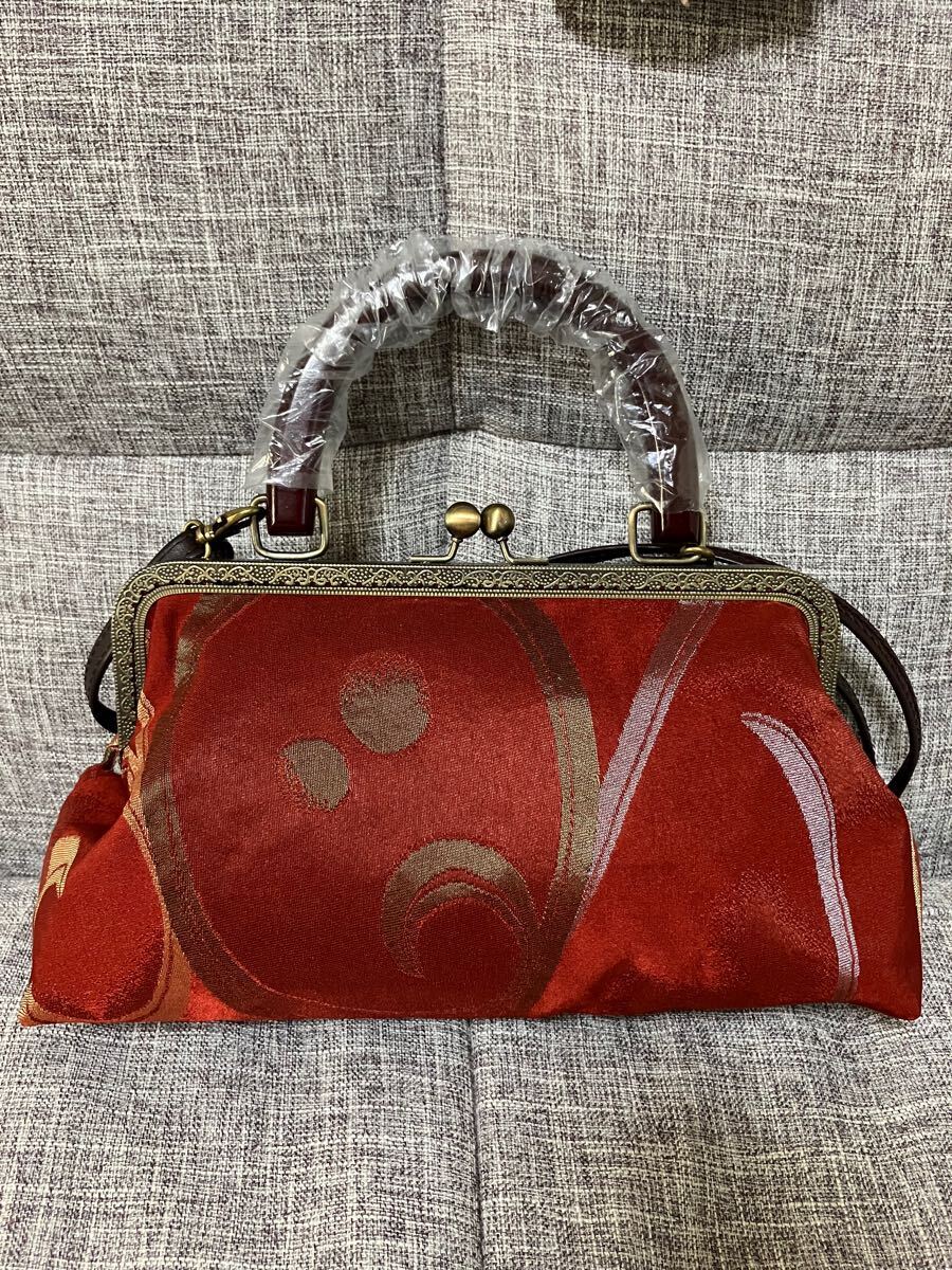 アンズルーム★2WAY★着物　帯リメイク★がま口　バッグ★ハンドバッグ★ショルダー★赤系　趣き★長財布　水筒OK