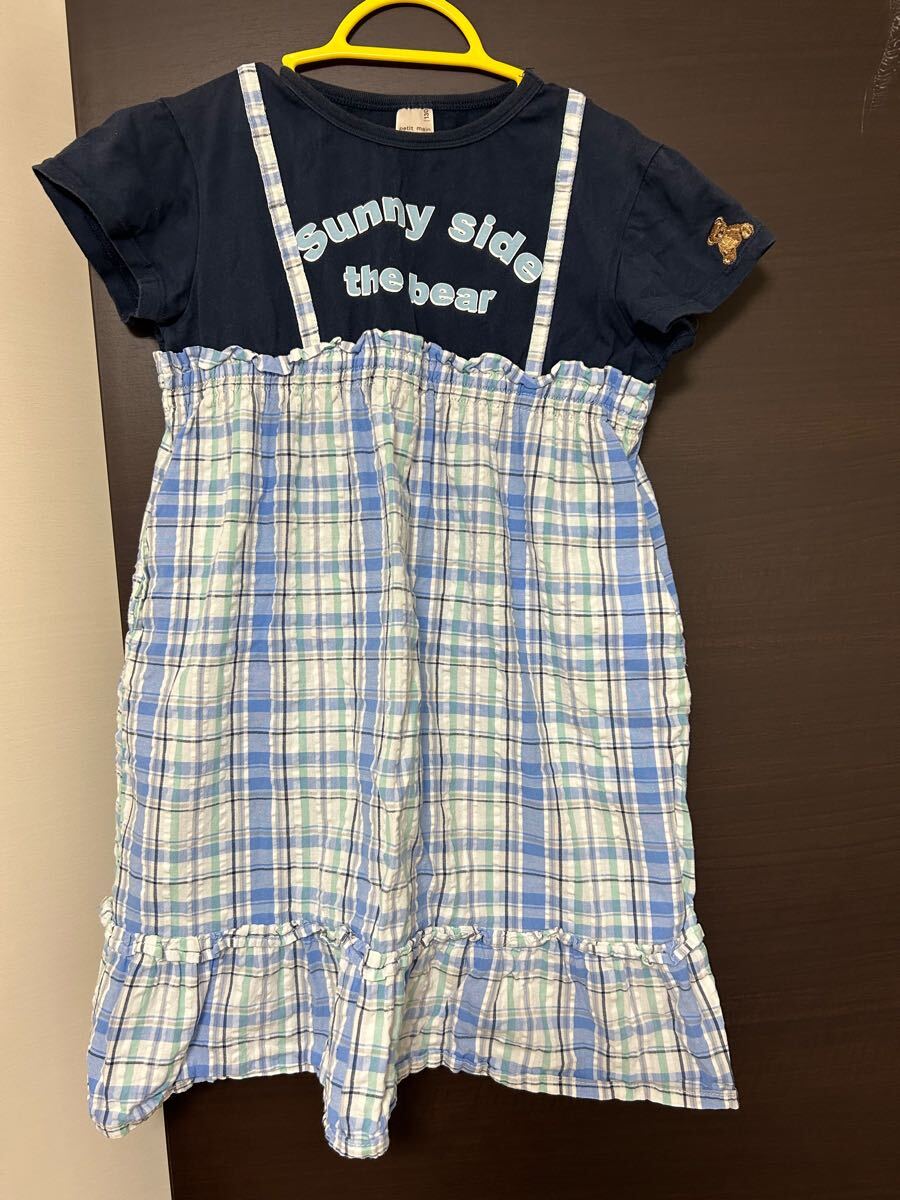 プティマイン petit main、ナルミヤ／半袖ワンピース、重ね着風／ベアー、クマ／濃紺×チェック柄／サイズ130