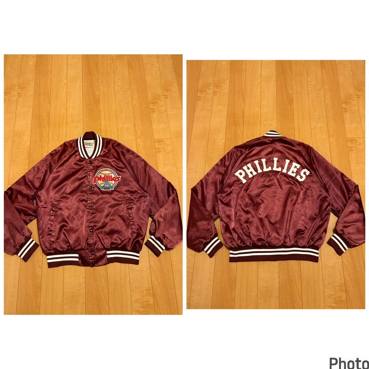 良品☆80s〜Chalk Line,USA製／MLB・PHI,フィラデルフィア フィリーズ　L 裏起毛生地.サテンナイロンスタジャン オリジナルビンテージ フ軍