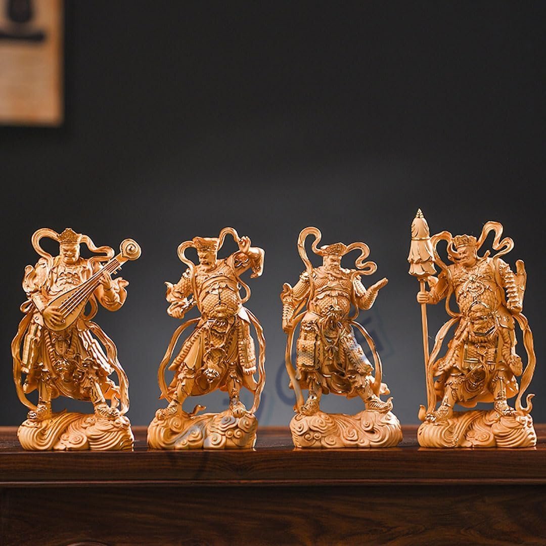 PH-056 木彫り 仏像【四天王像】高級天然ツゲ木彫り 持国天・増長天・広目天・多聞天 金泥仕様 (高さ14cm)