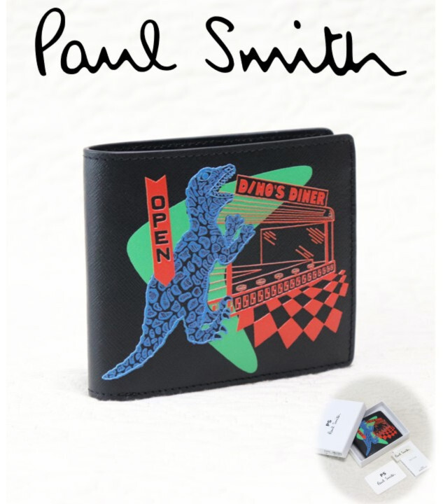 新品箱付き【PS ポールスミス】人気のダイナソーモチーフ 二つ折り財布 黒 ロゴシール付き v6048 プレゼントにも最適