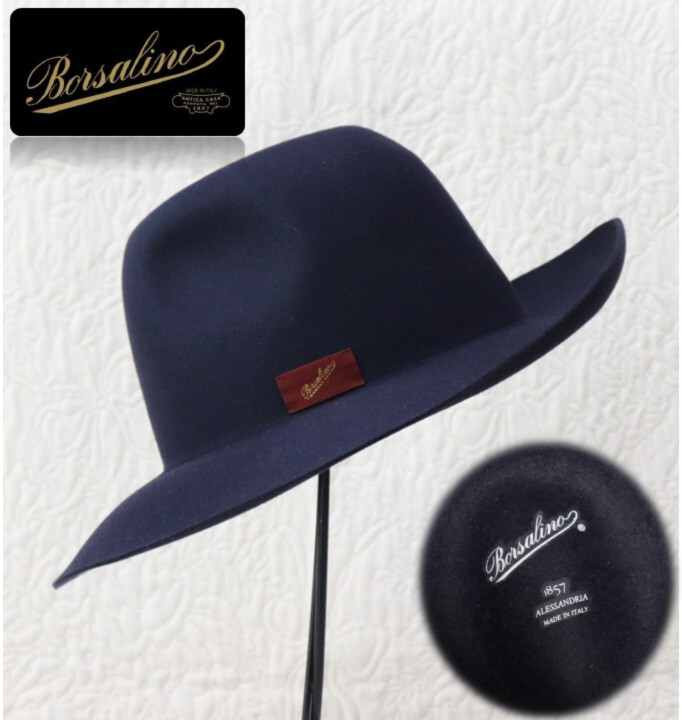 新品タグ付き【ボルサリーノ】人気のワイドブリム ラビットファー フェルトハット 紺 59 v5973
